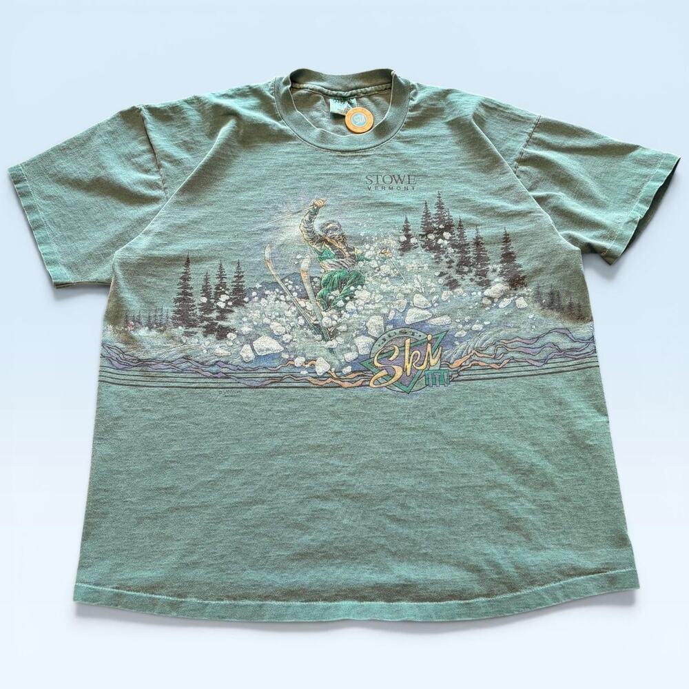 Vintage Stowe Vermont Shirt Mens XL Green Ski Just Ski It Signal Tee T-Shirt USA